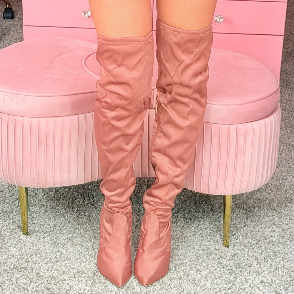 Blush Pink Satin Thigh High Heeled Boots Chic Block Heel Side Zip Stretch Fit - Picture 4 of 5